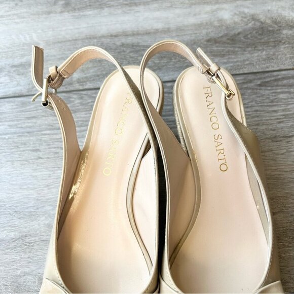 Franco Sarto Beige Vegan Patent Leather Slingback Peep Toe Wedge Esapdrille - Picture 6 of 14